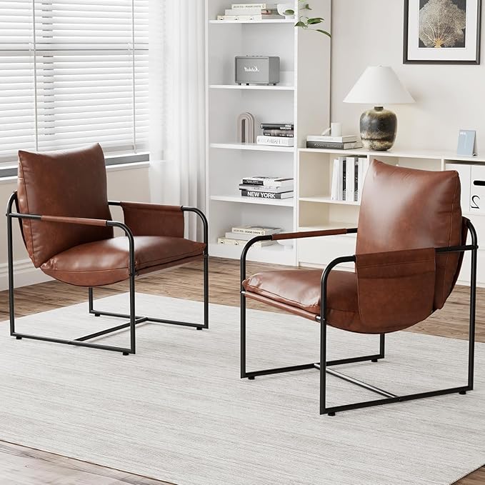HOMMPA Sling Accent Chair Set of 2, Steel Frame Lounge Arm Chair Living Room Chair with Side Storage Pocket, Faux Leather Surface Reading Accent Chair Mid Century Modern Bedroom Chair, Brown