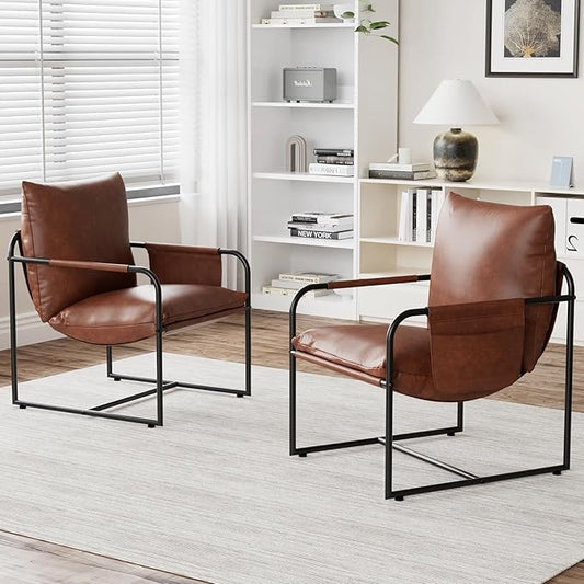 HOMMPA Sling Accent Chair Set of 2, Steel Frame Lounge Arm Chair Living Room Chair with Side Storage Pocket, Faux Leather Surface Reading Accent Chair Mid Century Modern Bedroom Chair, Brown