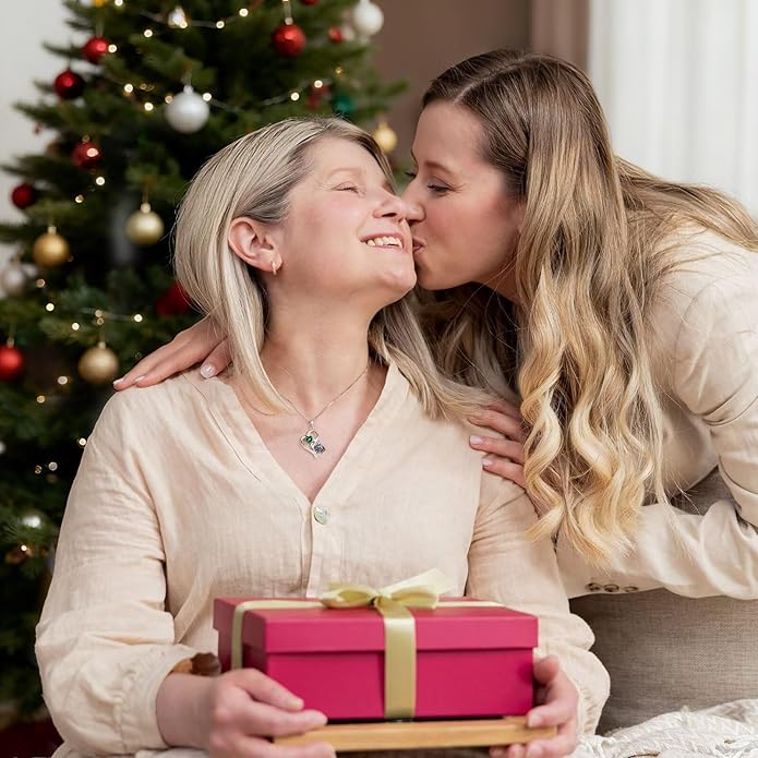 Iefil Christmas Gifts for Women - Double Heart Birthstone Necklace, 925 Sterling Silver Heart Pendant Necklace, Anniversary Birthday Gifts for Women | Personalized Jewelry Gift for Wife Mom Girlfriend