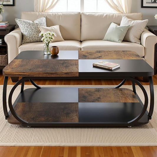 2-Tier Coffee Table with Storage Shelf, 39" Small Square Coffee Table Modern Wooden and Metal Accent Center Sofa Side Tables for Living Room, Brown & Black