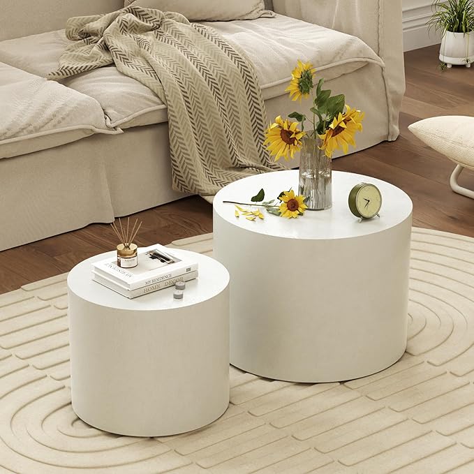 Nesting Coffee Table Set of 2, White Round Nesting Table Modern Circle Coffee Tables Side End Tables for Small Spaces Living Room, Bedroom, Office, Balcony