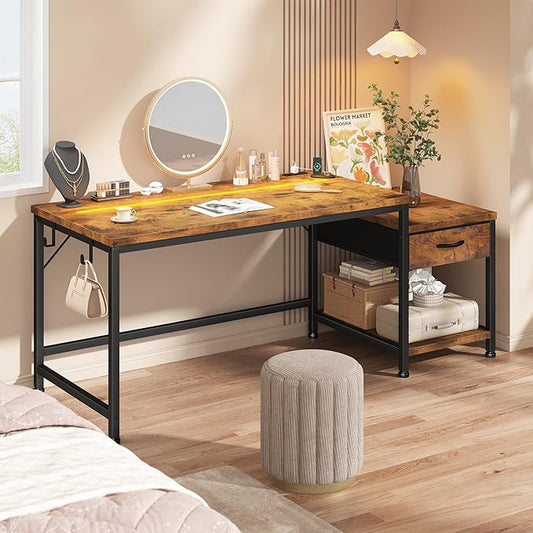 48.1 Small Computer Home Office Desks for Bedroom with Drawer & Printer Shelf,Gaming Desk with LED Lights,Power Outlet & Hook,Reversible Corner Study Desk for Small Space,Carbon