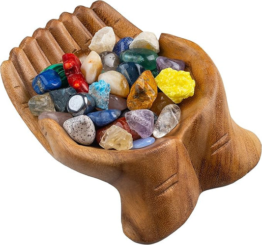 Curawood Carved Hands Offering Bowl - Crystal Holder for Stones, Rock Collection Holder, Crystal Display Storage Tray, Wooden Hands Bowl for Keys - Rock Display Case for Shelf, Stand, Altar Decor (M)