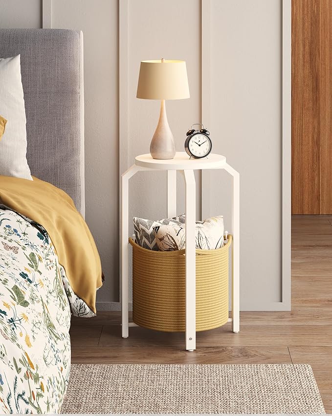 TUTOTAK Small Side Table, Round End Table, Night Stand, Bedside Table, Sofa Table with Storage Basket, Living Room, Bed Room, White and Beige TB01BWN092