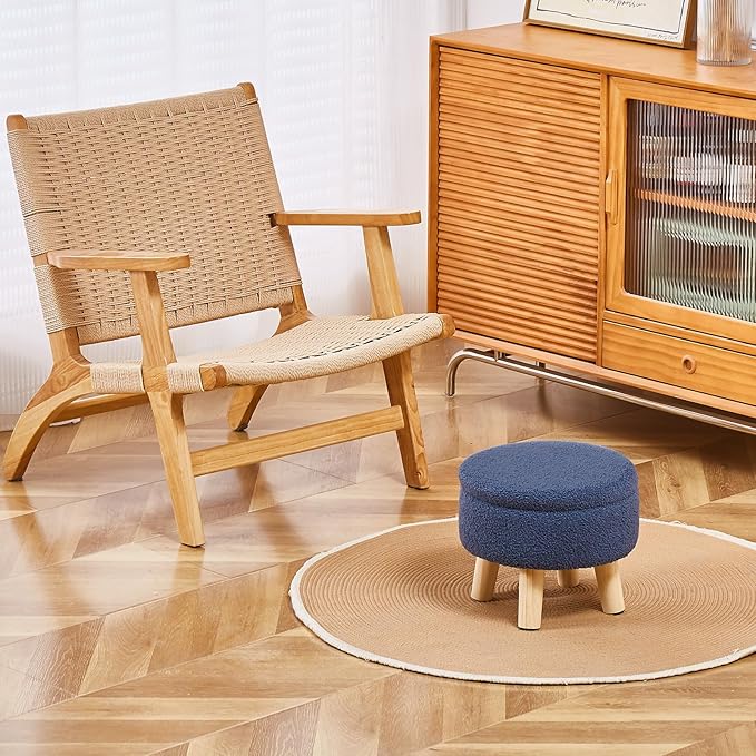 Wimarsbon Storage Ottoman, Modern Round Footrest with Soft Padded Seat, Teddy Velvet Footstool with Wood Legs, Accent Small Table or Plant Stand for Hallway, Living Room (Grey-Blue)