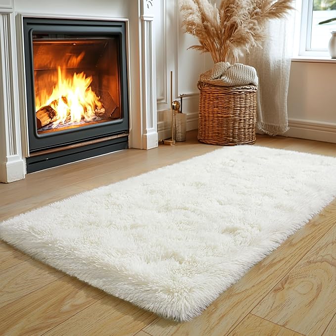 Small Runner Rugs for Bedroom Hallways, 2x4 Runners for Hallways Fluffy Shag Throw Area Rug Non Slip for Bedside Dorm, Shag Rugs for Girls Boys Bedroom, Floor Carpet Runner for Kids Dorm, Cream White