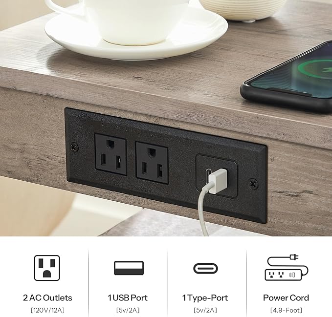 HOOBRO End Table with Charging Station and USB Port, Small Side Table for Small Space, 3-Tier Nightstand with Adjustable Shelf, for Living Room, Bedroom and Balcony, Greige BG112BZ01