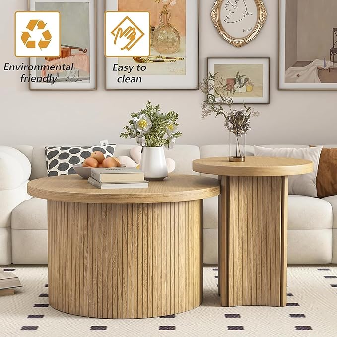 Set of 2 Nesting Coffee Tables Farmhouse,Round Coffee Table Living Room,Wood Finish Coffee Table Set, Small Coffee Tables, Sofa Side Living Room Bedroom Coffee Side Table (Large Size - Set)