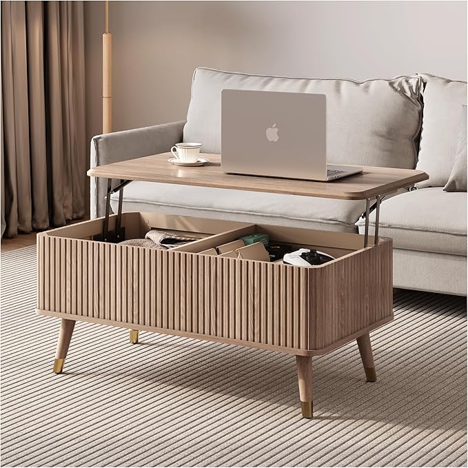 Lift Top Coffee Table with Storage Shelf & Hidden Compartment, Mid Century Modern Fluted Rectangle Dining Table for Living Room, Home Office, Natural Oak