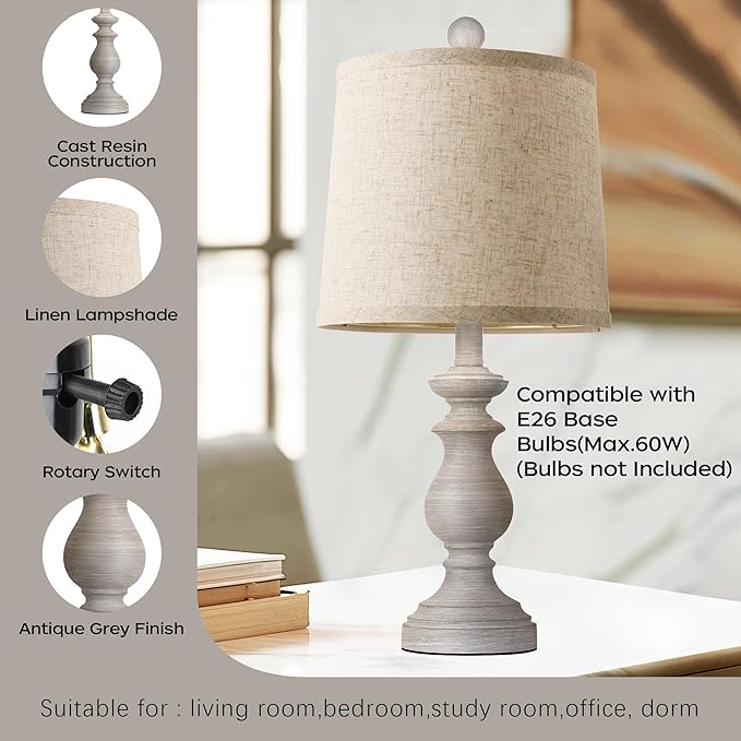 PARTPHONER Traditional Table Lamp Set of 2, Rustic Farmhouse Table Lamps for Living Room Bedroom, 22" Bedside Desk Lamps Vintage Nightstand Lamps with Linen Shades, Antique Grey
