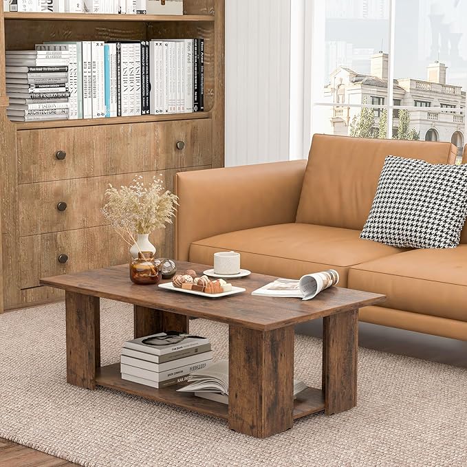 Giantex Rectangle Wood Center Table, 41" L 2-Tier Large Modern Tea Table w/Open Compartment, Easy Assembly, Accent Coffee Table for Living Room, Reception Room, Rustic Brown