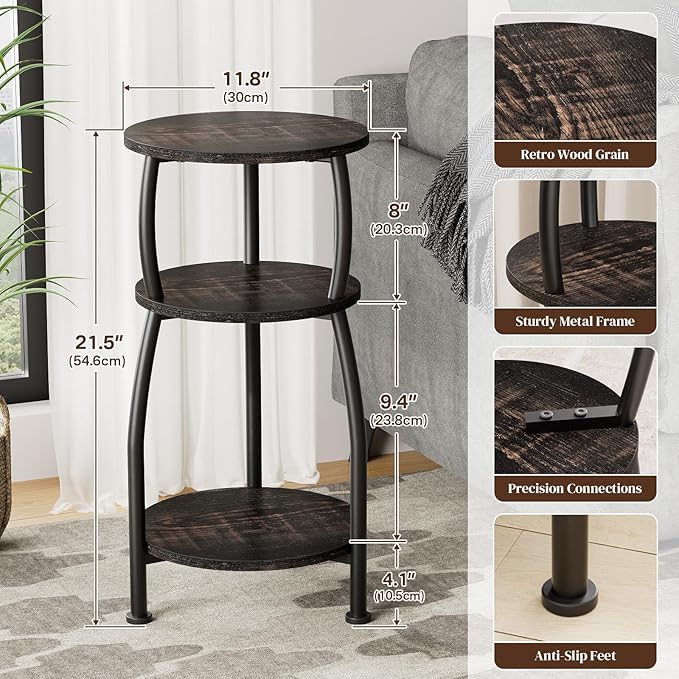 Small Round Side Table, 3-Tier End Table with Storage Shelf, Slim Sofa Table Coffee Table, Sturdy & Easy Assemble Nightstand for Small Spaces, Living Room Bedroom Corner, Oak Dark
