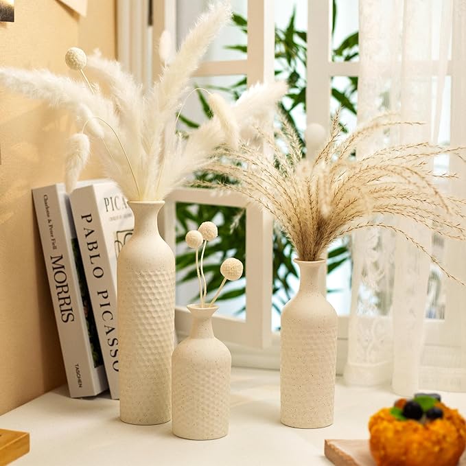 Small Ceramic Vases Set for Home Decor, Textured Matte Finish Honeycomb Texture, Modern Farmhouse Vases for Coffee Table, Bookshelf, Kitchen, Bathroom, Office Desk Decor (Beige)