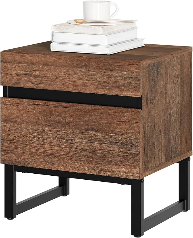 WAMPAT Modern End Table with 2 Drawers, Farmhouse Sofa Table, Wooden Rustic Side Sofa Table with Metal Leg for Living Room, Nighstand for Bedroom, Brown