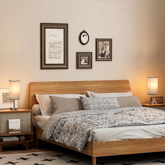 Fenmzee Grey Bedside Table Lamps for Bedroom Set of 2 - Small Rectangular Nightstand Lamp with AC Outlet Charging Port, 3 Color Temperatures Light, Tabletop Reading Lamp for Living Room/Dorm/Office