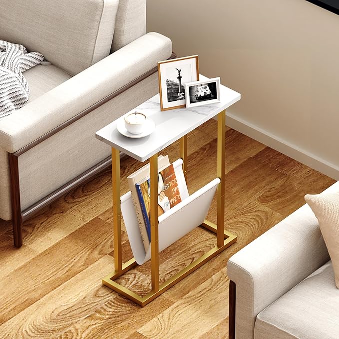 Yusong Narrow Side Table for Small Spaces, Small End Table with Magazine Holder, Skinny Slim Little Thin Table for Living Room, Bedroom, Sofa, White and Gold