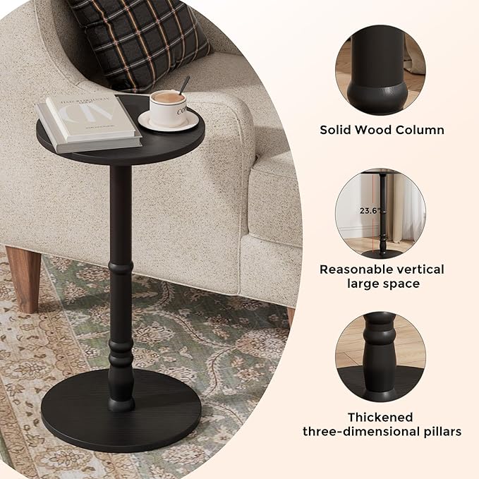 Round Side Tables Set of 2, Solid Wood Pillar with Wood Top & Base, Small Drink Accent Table for Living Room, Bedroom, Sofa & Office, Easy Assembly, Black