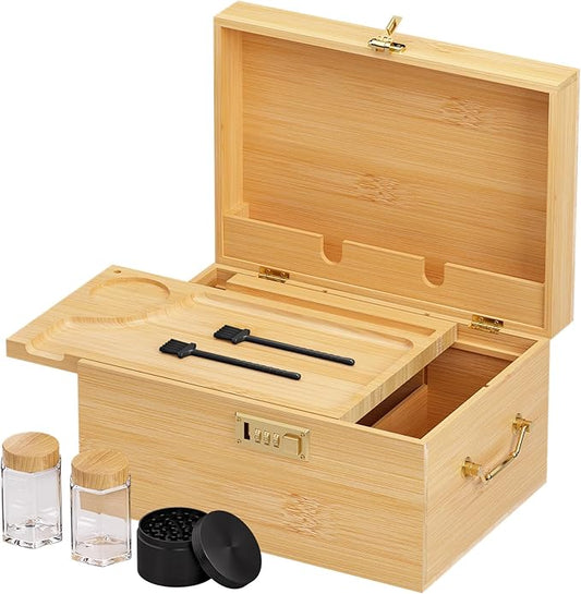 Lockable stash box with rolling tray – Premium bamboo box organizer with grinder, jars & brushes | Stylish wooden stash boxs, spacious Storage Box, great large stash box for home,Holiday Gift