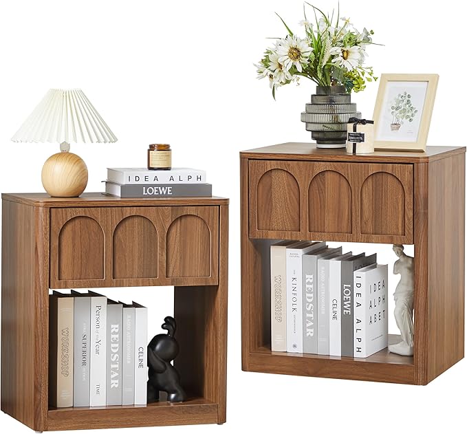 Nightstand Set of 2, 19.69" Wide Bedside Table with Arched Finish, Modern Night Stands with Curved Profile, Mid Century End Table for Bedroom Living Room (Walnut-2 Packs)