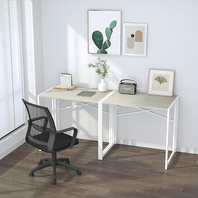 32 inch Small Folding Desk, Writing Gaming Computer Camping Desk for Small Spaces, No Assembly Required Home Office Desk, Natural and White
