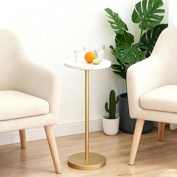 Nature Marble Drink Table, Pedestal Table, Small Round Side Table, Martini Table for Living Room, Bathroom, Small Space (White)