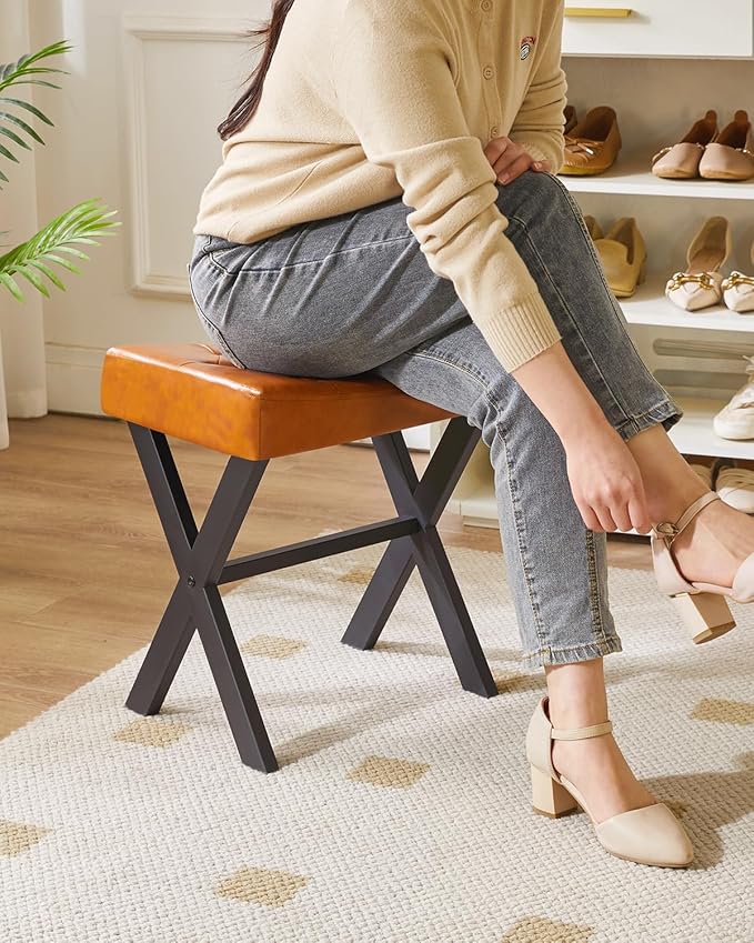 IBUYKE U-Shaped PU Vanity Stool, Square Makeup Chair with X-Leg, Ottoman Seat Footrest Stool, Multi-Use as Small Side Table, for Bedroom, Living Room, Light Brown WBD019J