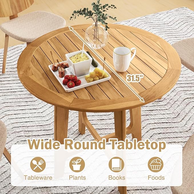 Tangkula 31.5” Patio Dining Table, Round Teak Wood Dining Table w/Slatted Tabletop, X-Shaped Frame, 4 Sturdy Supporting Legs, Farmhouse Dining Furniture for Dining Room, Garden, Poolside