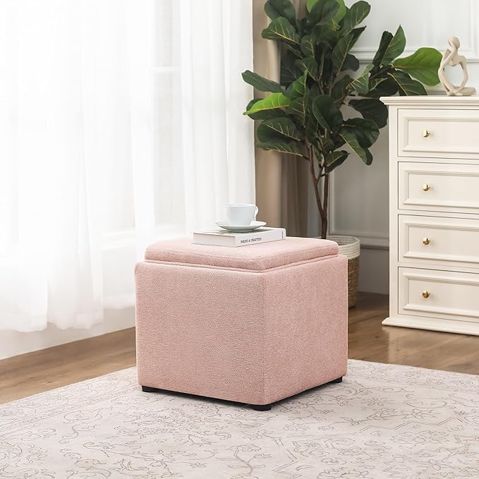 Adeco 17" Pink Storage Ottoman Cube with Tray Lid, Small Footstool with Storage, Square End Table for Living Room & Bedroom (Pink with Tray)