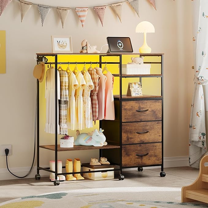 WLIVE Dresser with Hanging Rack for Bedroom, 3 Drawer Dresser with LED Lights & Charging Station, Fabric Dressers & Chest of Drawers, Storage Organizer with Open Shelves for Living Room, Brown