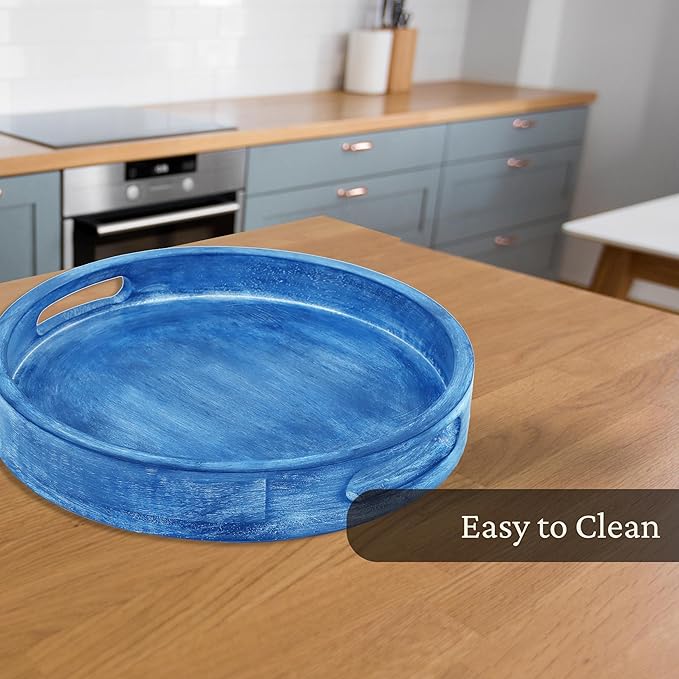 12" Decorative Wooden Serving Tray - Perfect for Breakfast, Lunch, Dinner, Appetizers, Patio, Ottoman, Coffee Table - Durable Living Room and Couch Tray (Blue) - CLEENTABLE