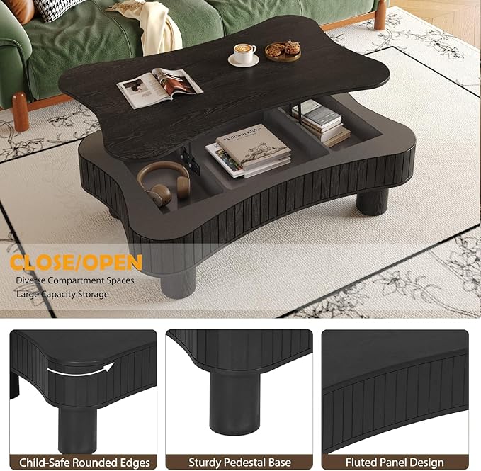 42.5" Lift Top Fluted Coffee Table with Hidden Storage Compartment, Modern Cloud-Shaped Wooden Center Table Cocktail Tea Table with Curved Safety Corners and Adjustable Height, Black
