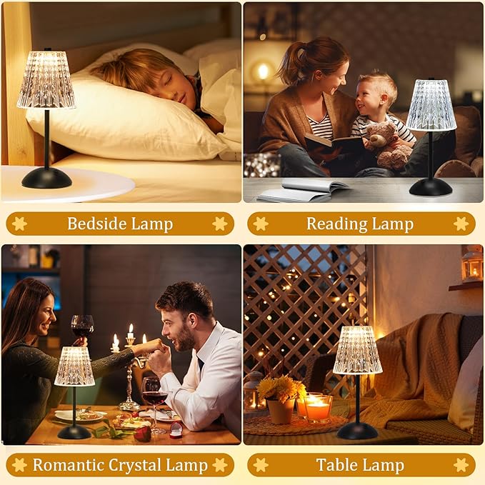 Cordless Touch Table Lamp, 3500mAh Rechargeable Small Dask Lamp, 3 Colors Dimmable Battery Operated Crysta Lamp for Bedroom Restaurant Kitchen Home Decor, Black, 2pcs