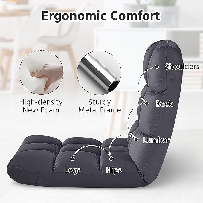 Yaheetech Floor Folding Chair with Back Support, Padded Folding Gaming Sofa Chair with 14 Adjustable Backrest, Adults Couch Recliner, Floor Seating Lounge Chair, Armless Meditation Chair, Gray