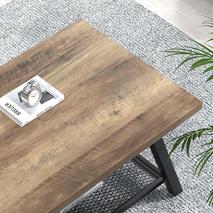 FOLUBAN Coffee Table, Modern Rustic Wood and Metal Center Table with Storage, Industrial Cocktail Tea Table for Living Room, Oak, 47 Inch
