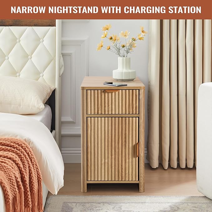 Fluted Narrow End Table with Charging Station, Boho Side Table with Drawer Storage, Small Night Stand with Power Outlets and USB Ports, Sofa Side Table for Living Room - Natural