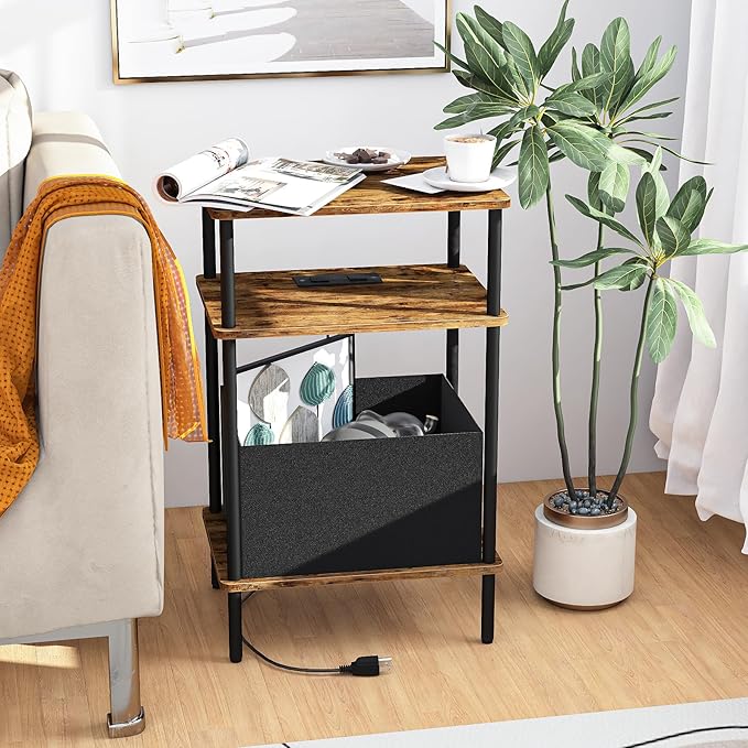 Small Side Table with Charging Station, Set of 2 End Table for Small Spaces, Slim Nightstand with Outlet,Sofa Beside Table,Living Room, Bed Room, Rustic Brown