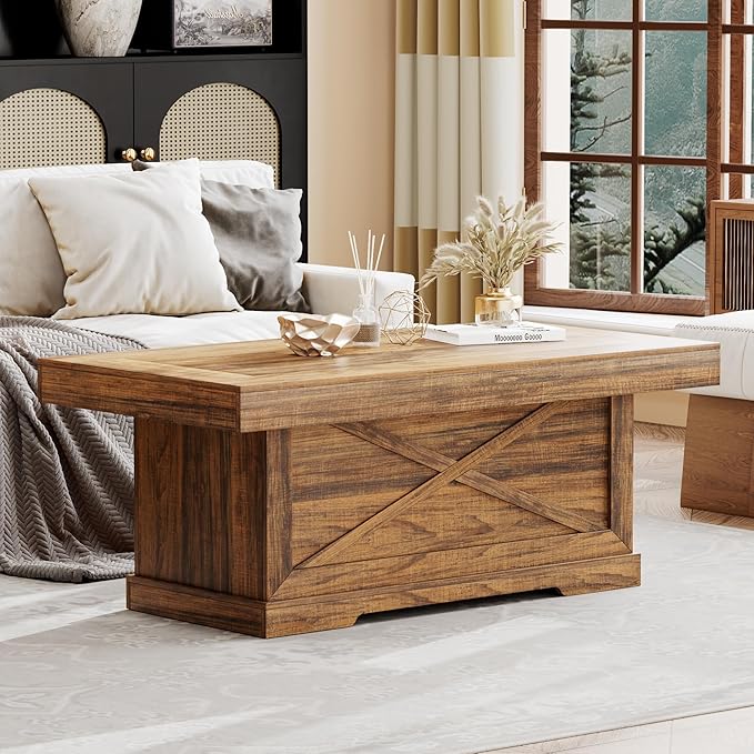 Coffee Table 39 in Rustic Center Table with X-Design Wooden Pedestal for Living Room, Space Saving, Rectangle Home Office Tea Accent Table for Dining Room Apartment, Walnut