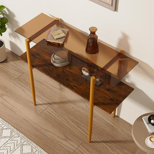 Glass Sofa Table, Mid-Century Modern Entryway Table with Tempered Glass & Golden Legs, 2-Tier Behind Couch Table for Living Room Hallway Entrance, Brown