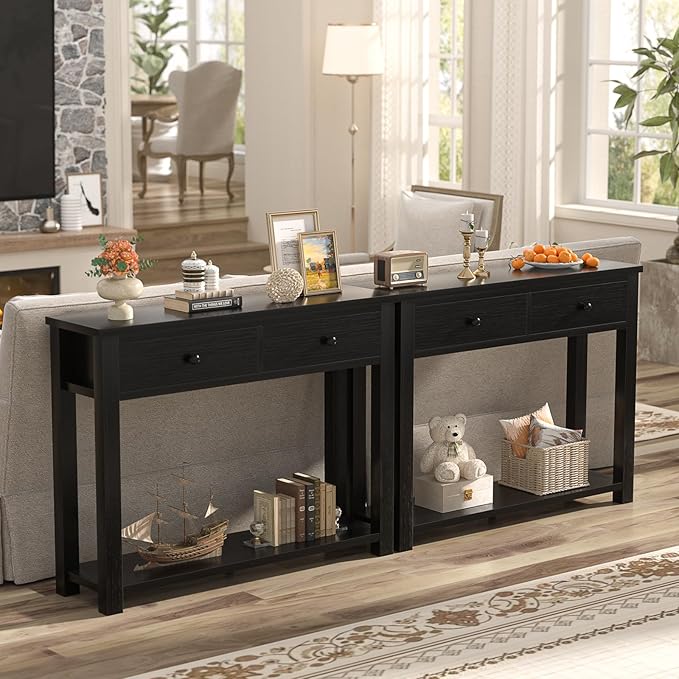 Homieasy Farmhouse Console Table with 2 Drawers, 32 Inch Small Sofa Table with Storage Shelf for Living Room, Behind Couch, Entryway Table for Hallway, Living Room, or Foyer, Black