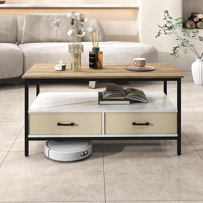 OC Orange-Casual Coffee Table, 40" Farmhouse Coffee Table with Storage Shelf & 2 Removable and Foldable Drawers, Center Table with Sturdy Frame, for Living Room, Bedroom, Office