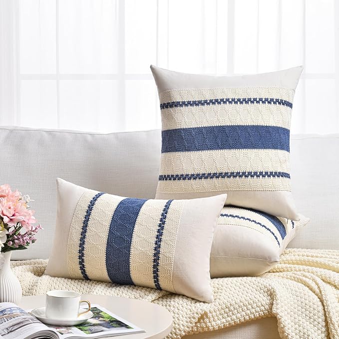 Fancy Homi Set of 2 Dusty Blue Vintage Long Lumbar Decorative Throw Pillow Covers 14x24 Inch for Couch Bed Chair Bedroom, Rustic Retro Square Cushion Case, Modern Farmhouse Boho Living Room Decor