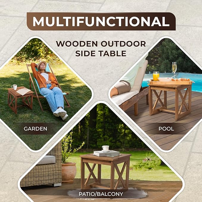 100% Acacia Wood Small Table, Outdoor Side Table for Patio, Poolside, Garden, Backyard, Entryway, Outdoor Space (X-braced Style)