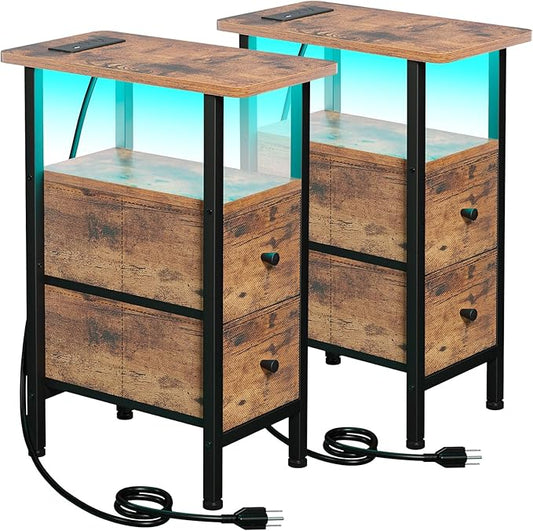 Narrow Nightstand with Charging Station, End Tables Living Room Set of 2, Skinny Side Table with Fabric Drawers, Small Sofa Table with LED Light for Bedroom, Rustic Brown, HETNDP02LPBR