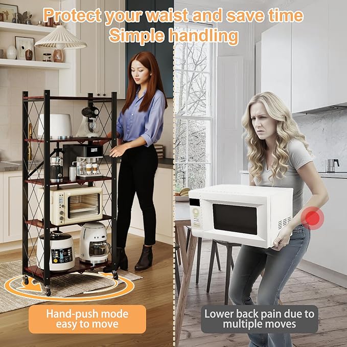 5-Tier Foldable Storage Shelves with Wheels, Folding Metal Shelf Unit, Folding Bookshelf no Assembly, Collapsible Shelves for Craft Shows for Kitchen, Bedroom, Living Room, Rustic Brown