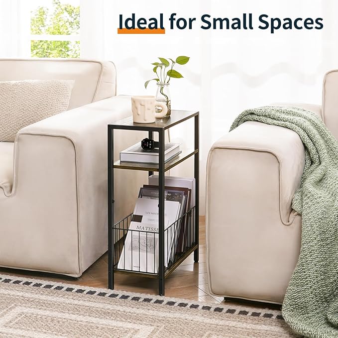 Yoobure Narrow Side Table with Storage Basket, Small End Table for Small Spaces Skinny Side Tables Living Room Bedroom, Slim Nightstand 3 Tier Bedside Table Space-Saving for Magazine, Rustic Brown