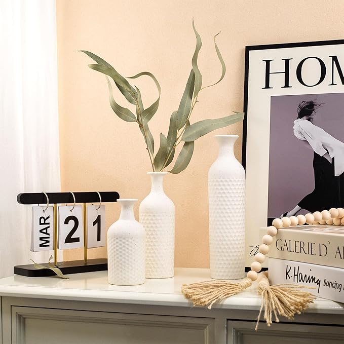 Small White Vases for Home Decor, Decorative Ceramic Vase Set, Matte Finish Honeycomb Texture, Modern Farmhouse Vases for Coffee Table, Bookshelf, Kitchen, Bathroom, Office Desk Decor