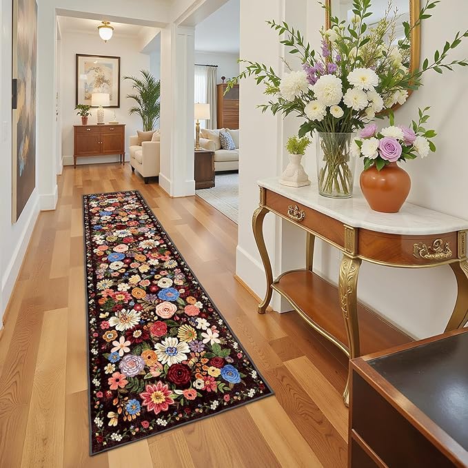 Floral Hallway Runner Black Carpet Non-Slip, 2x10 Washable Rug Ultra-Thin Soft for Hallways, Kitchen Mat Stain Resistant for Entryway Bathroom (2 x 10, Black Garden)