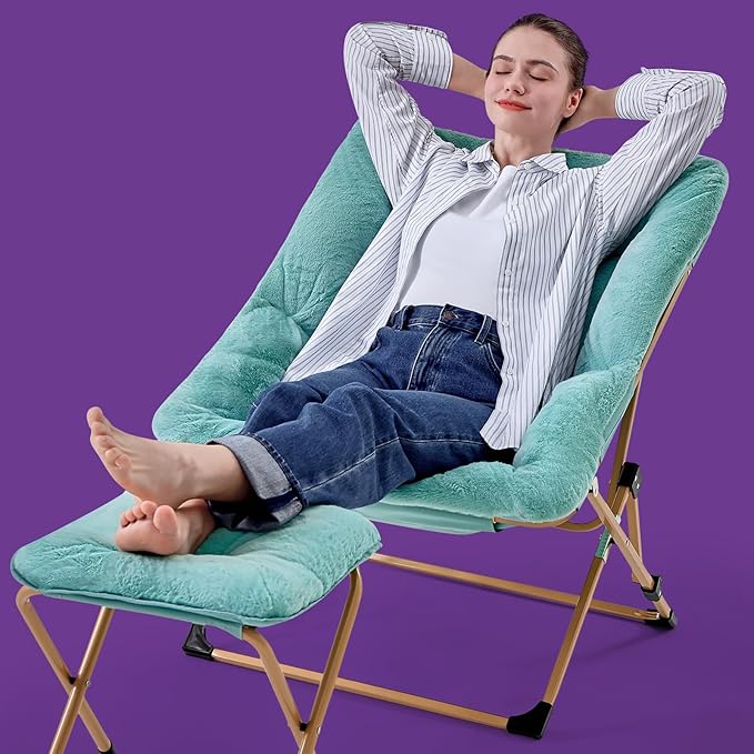 OAKHAM Comfy Chair for Adults, Soft Faux Fur Folding Lounge for Bedroom Living Room Dorm Rooms Flexible Reading Chair for Teens Kids, X-Large Foldable (Ottoman-Mint)