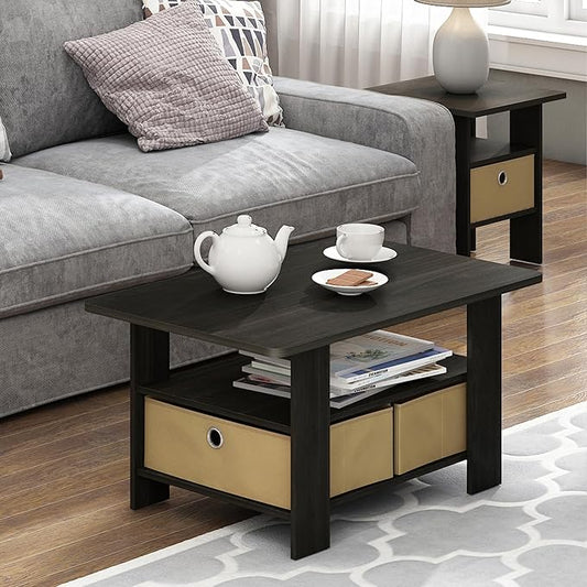 Furinno Coffee Table with Bins, Espresso/Brown