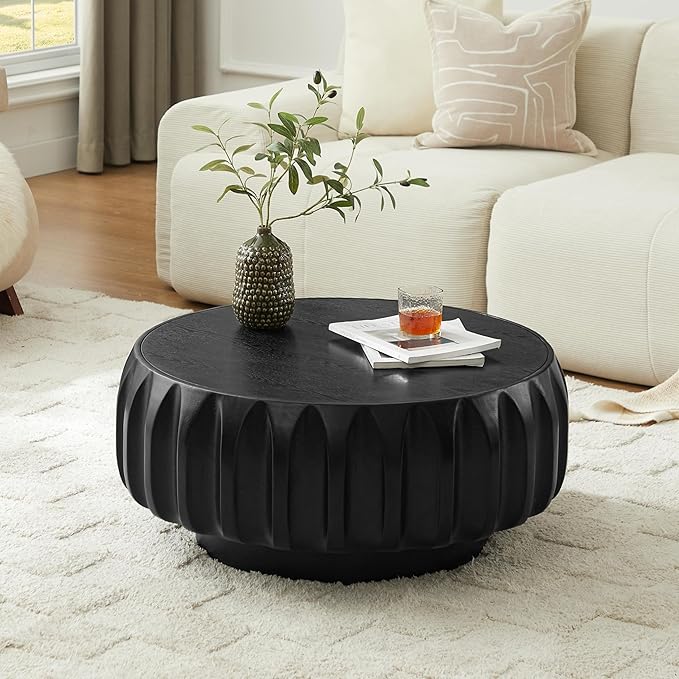 WILLIAMSPACE 31.5" Round Coffee Table with Elegant Sculptural Design, Solid Wood Carved Center Drum Coffee Table Circle End Side Table with Sturdy Base, Black
